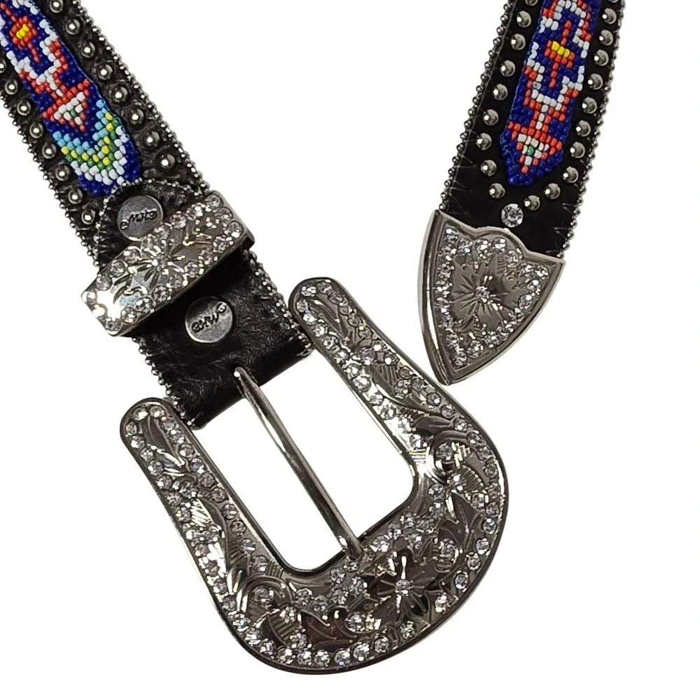 BHW Western Cowgirl‎ Rhinestone Beaded Belt Black Leather Embellished Buckle